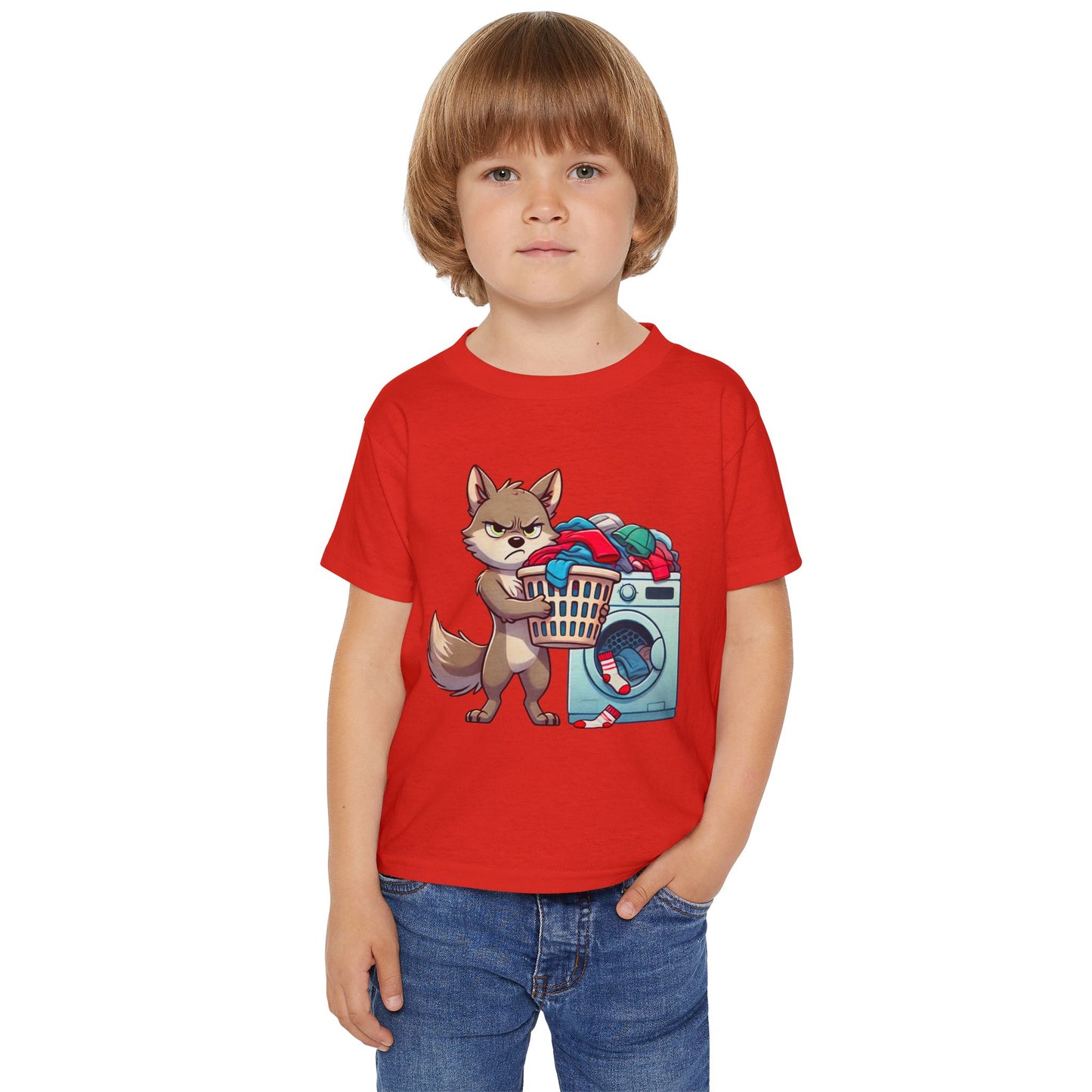Toddler T-Shirt — Grumpy Wolf Pup Doing Laundry