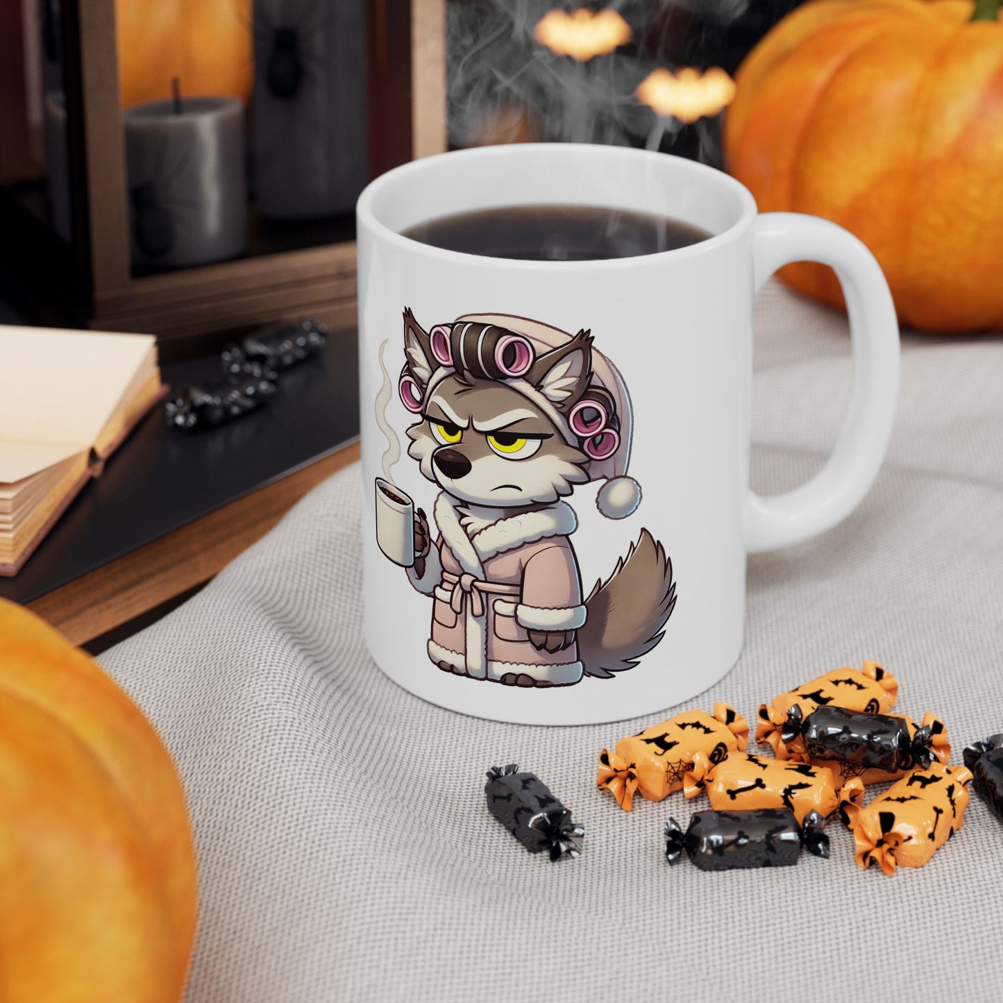 CURLERS AND COFFEE - yellow eyed Wolf Lady