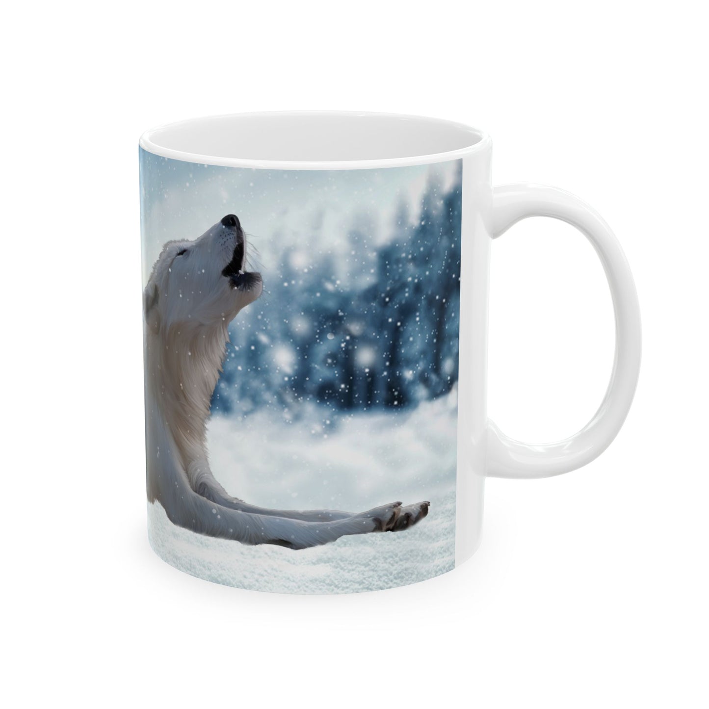 Wolf Howl Ceramic Mug — Snowy Winter Scene Coffee Cup (11oz, 15oz)