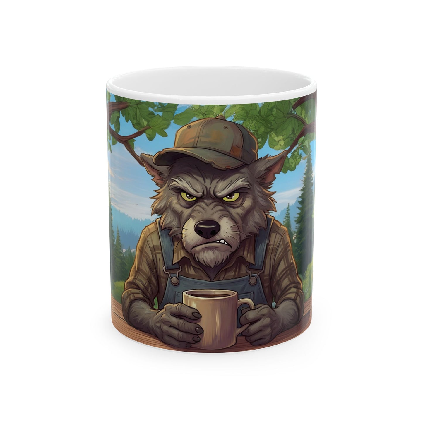 Grumpy Wolf in the woods — Ceramic Mug (11oz, 15oz)