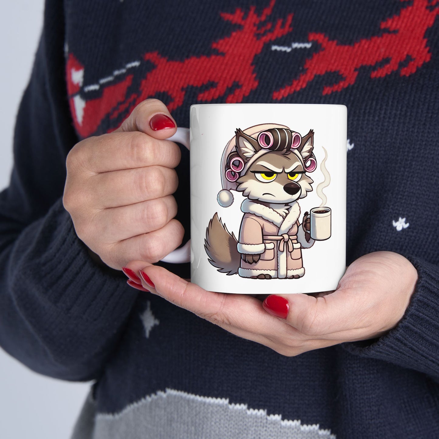 CURLERS AND COFFEE - yellow eyed Wolf Lady