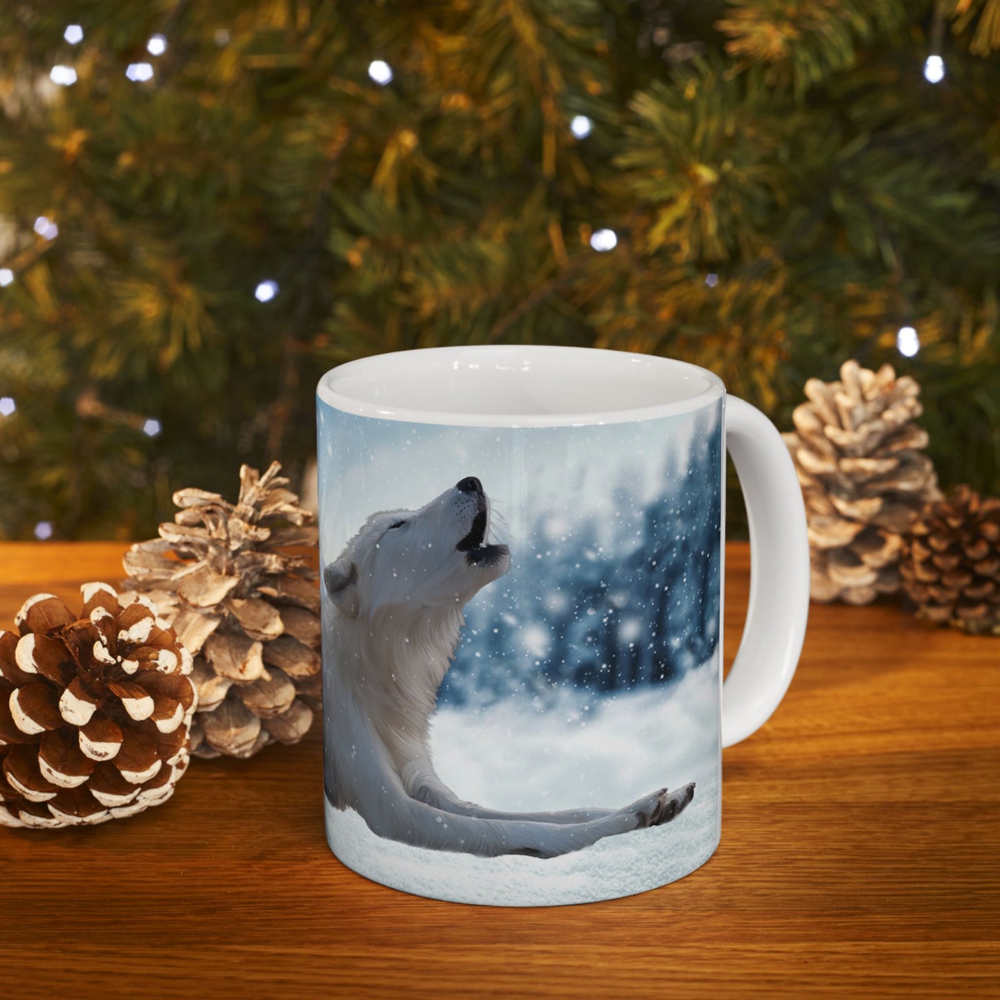 Wolf Howl Ceramic Mug — Snowy Winter Scene Coffee Cup (11oz, 15oz)