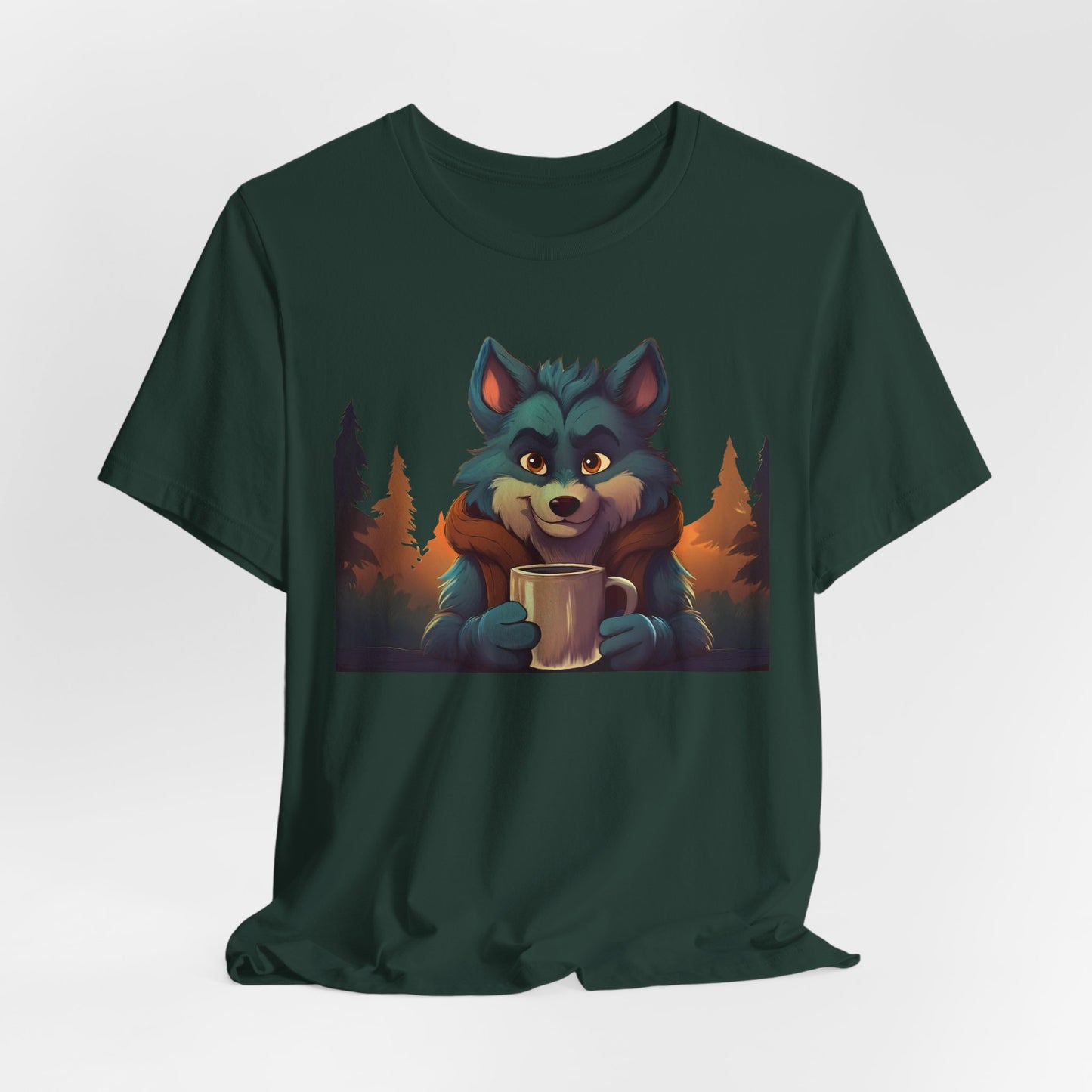 Happy Camper Wolf with coffee