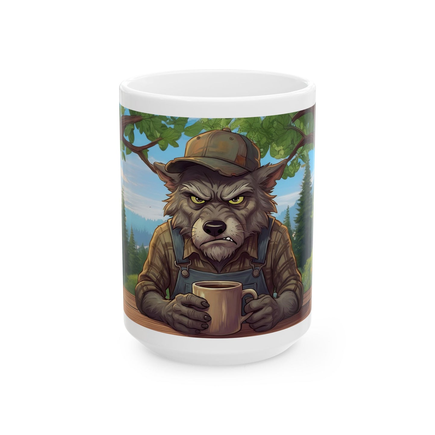 Grumpy Wolf in the woods — Ceramic Mug (11oz, 15oz)