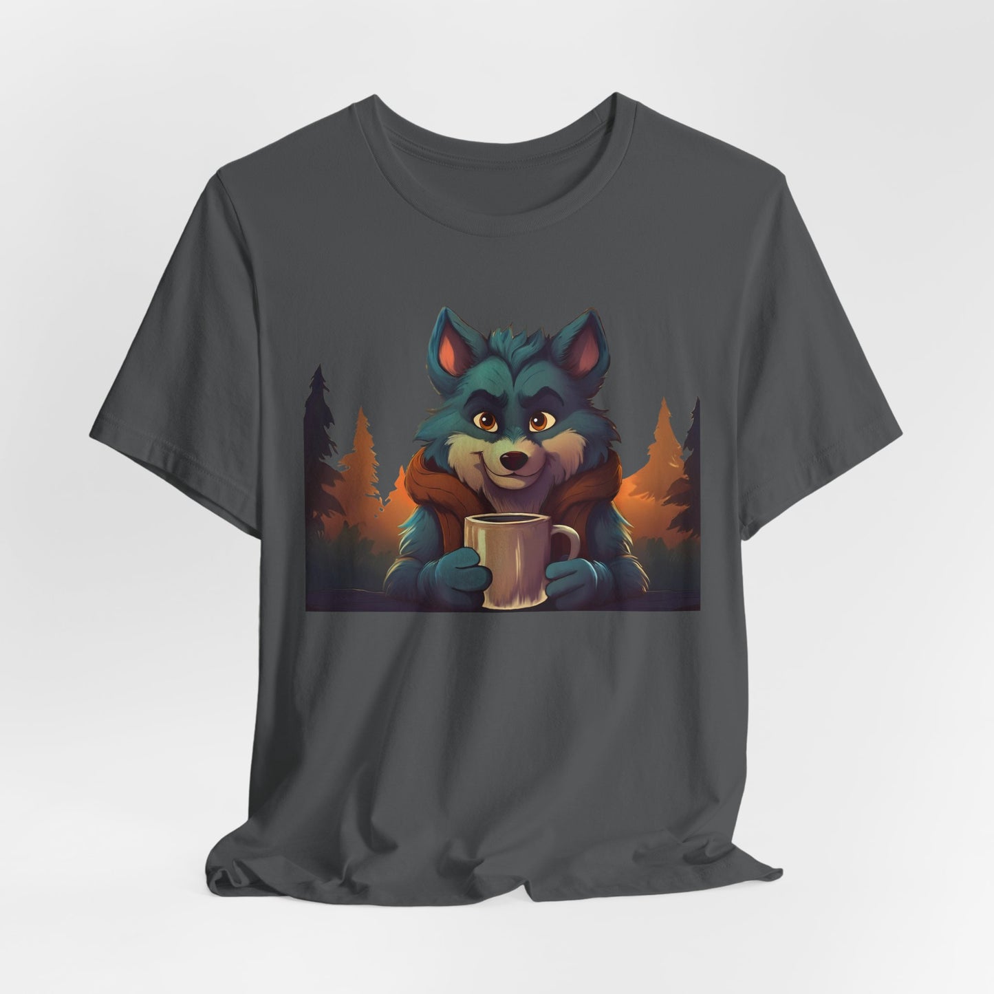 Happy Camper Wolf with coffee