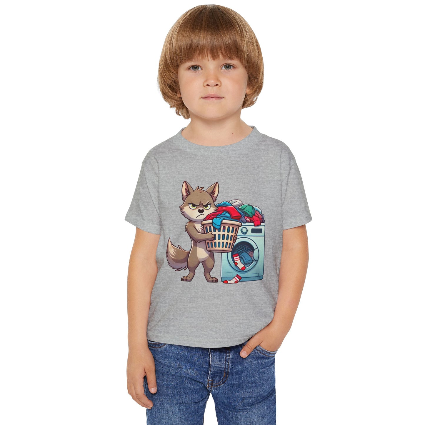 Toddler T-Shirt — Grumpy Wolf Pup Doing Laundry