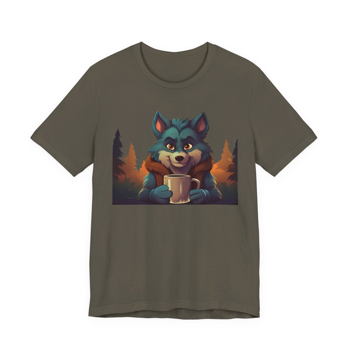 Happy Camper Wolf with coffee