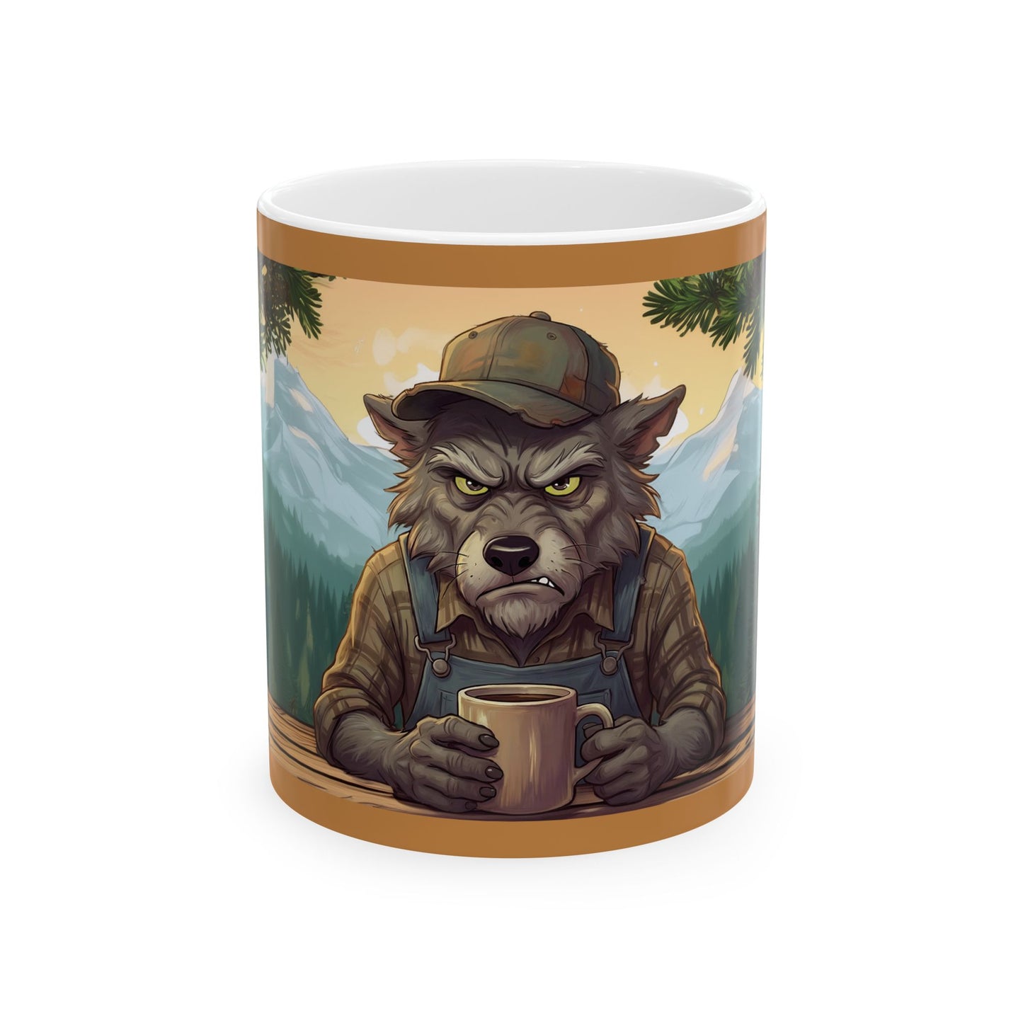 Grumpy Woodsman Wolf Coffee Mug — Rustic Mountain Camping Ceramic Mug (11oz/15oz)