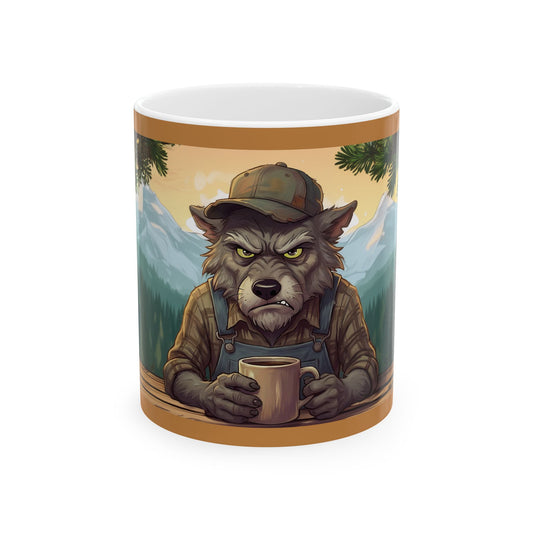 Grumpy Woodsman Wolf Coffee Mug — Rustic Mountain Camping Ceramic Mug (11oz/15oz)