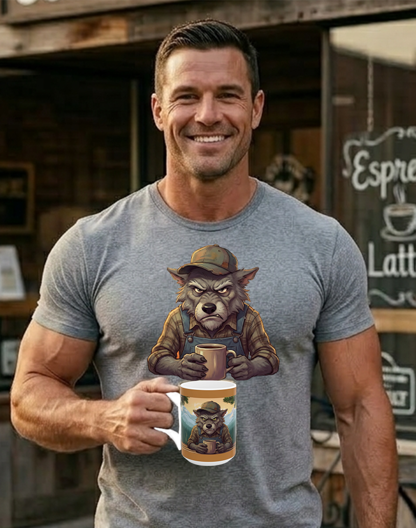Grumpy Woodsman Wolf Coffee Mug — Rustic Mountain Camping Ceramic Mug (11oz/15oz)