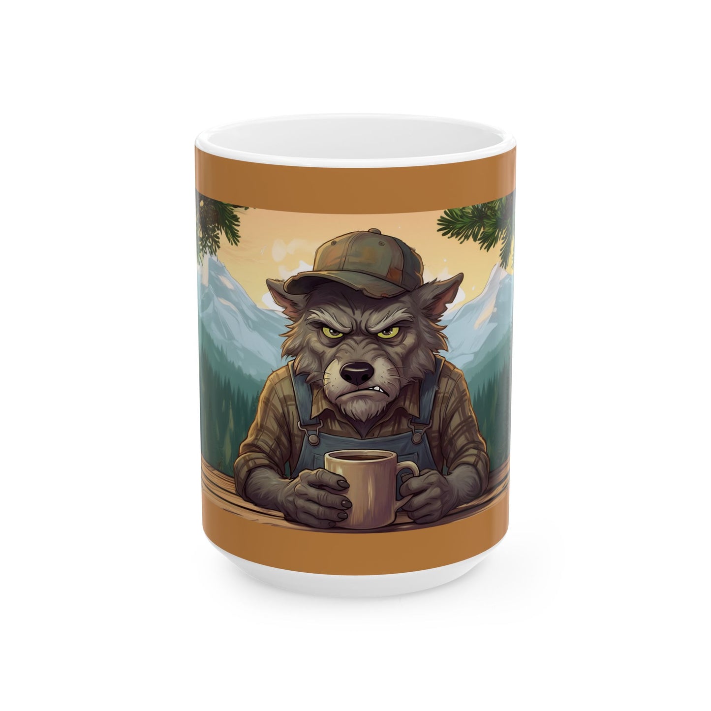 Grumpy Woodsman Wolf Coffee Mug — Rustic Mountain Camping Ceramic Mug (11oz/15oz)