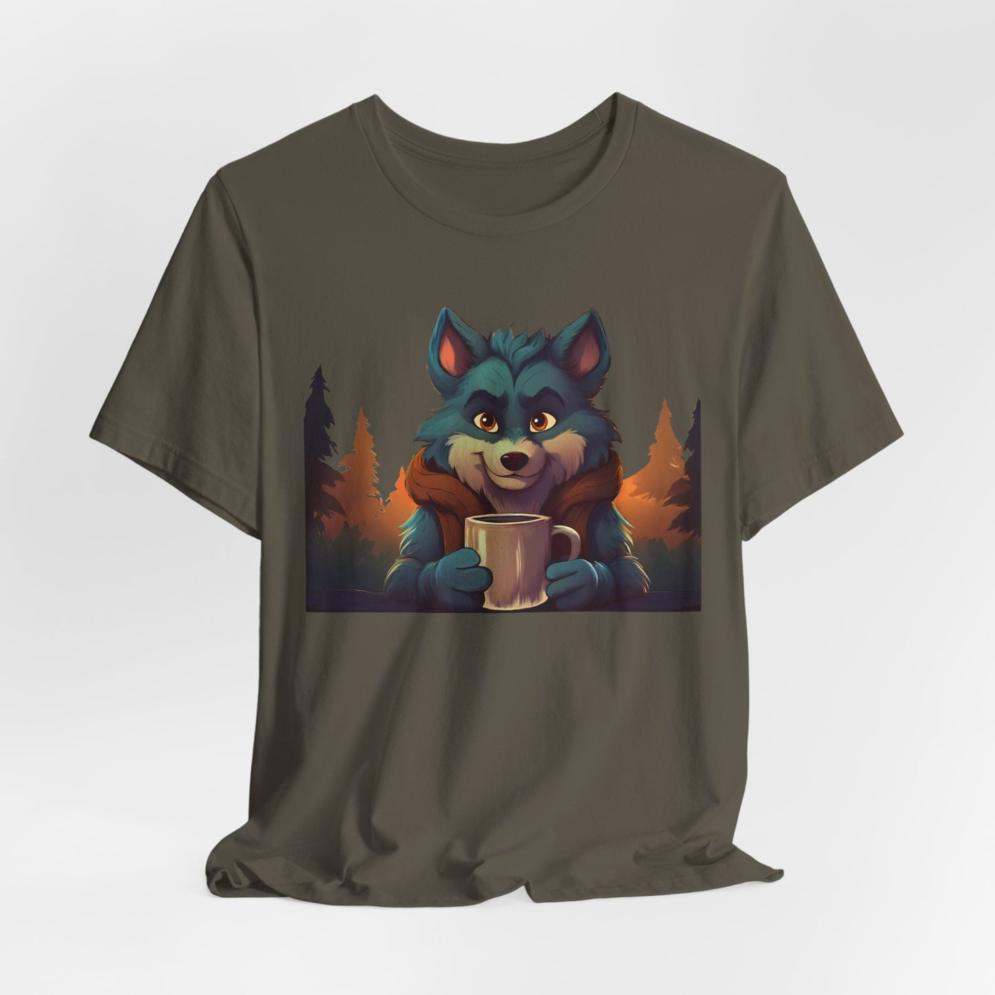 Happy Camper Wolf with coffee