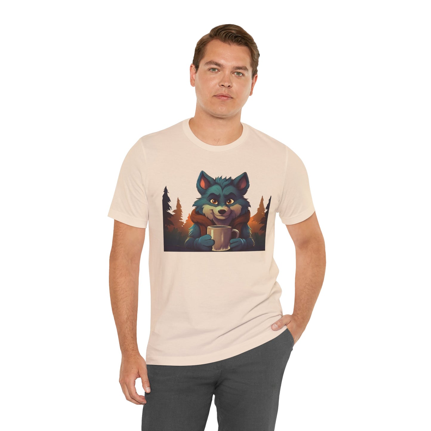 Happy Camper Wolf with coffee