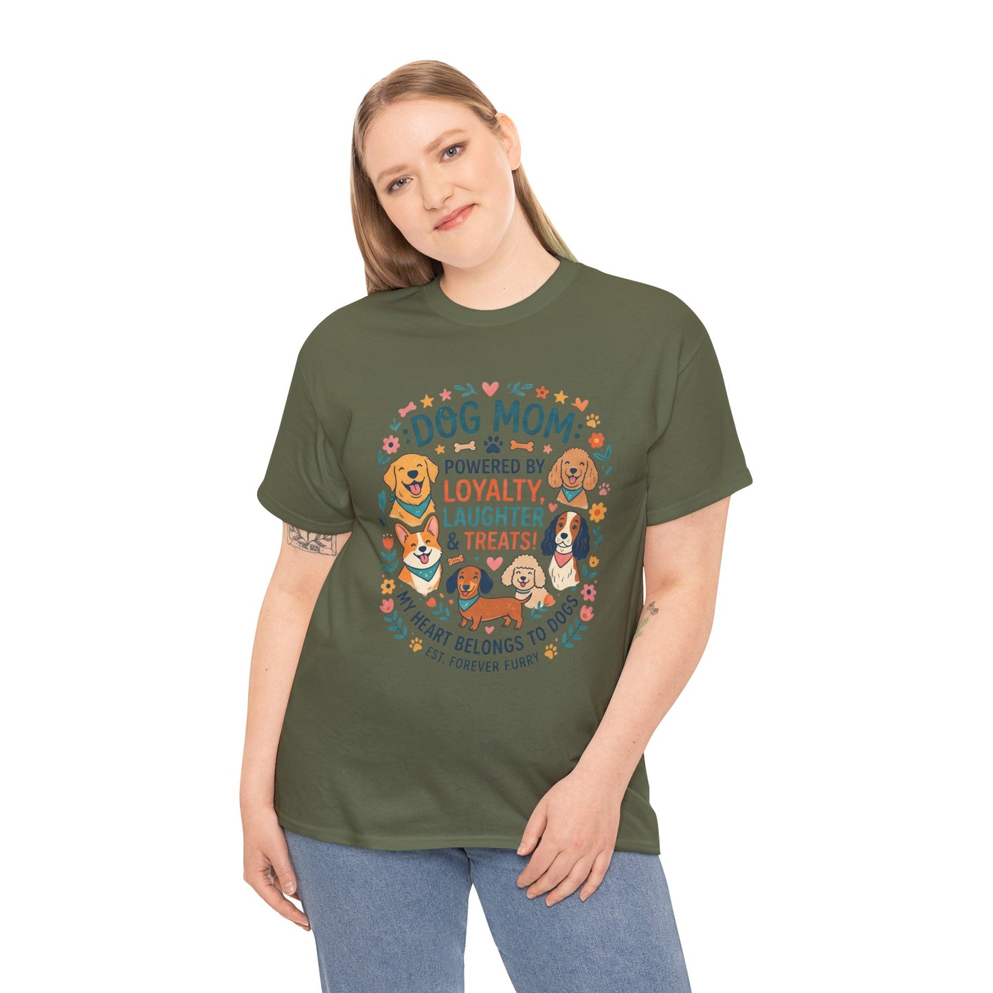 Dog Mom Tee — "Powered by Loyalty, Laughter & Treats"