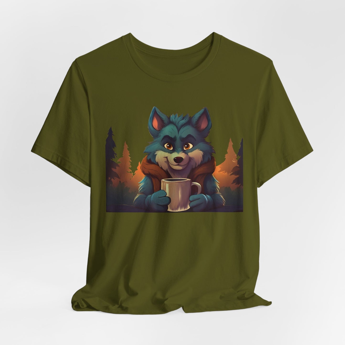 Happy Camper Wolf with coffee