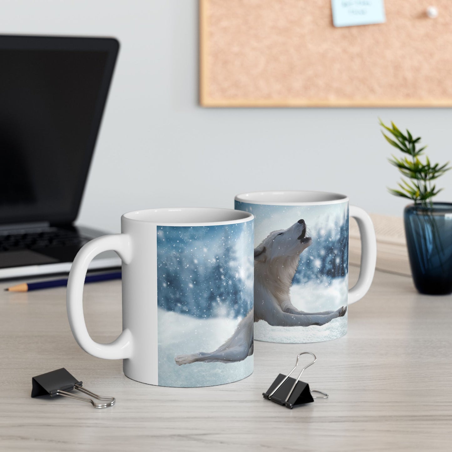 Wolf Howl Ceramic Mug — Snowy Winter Scene Coffee Cup (11oz, 15oz)
