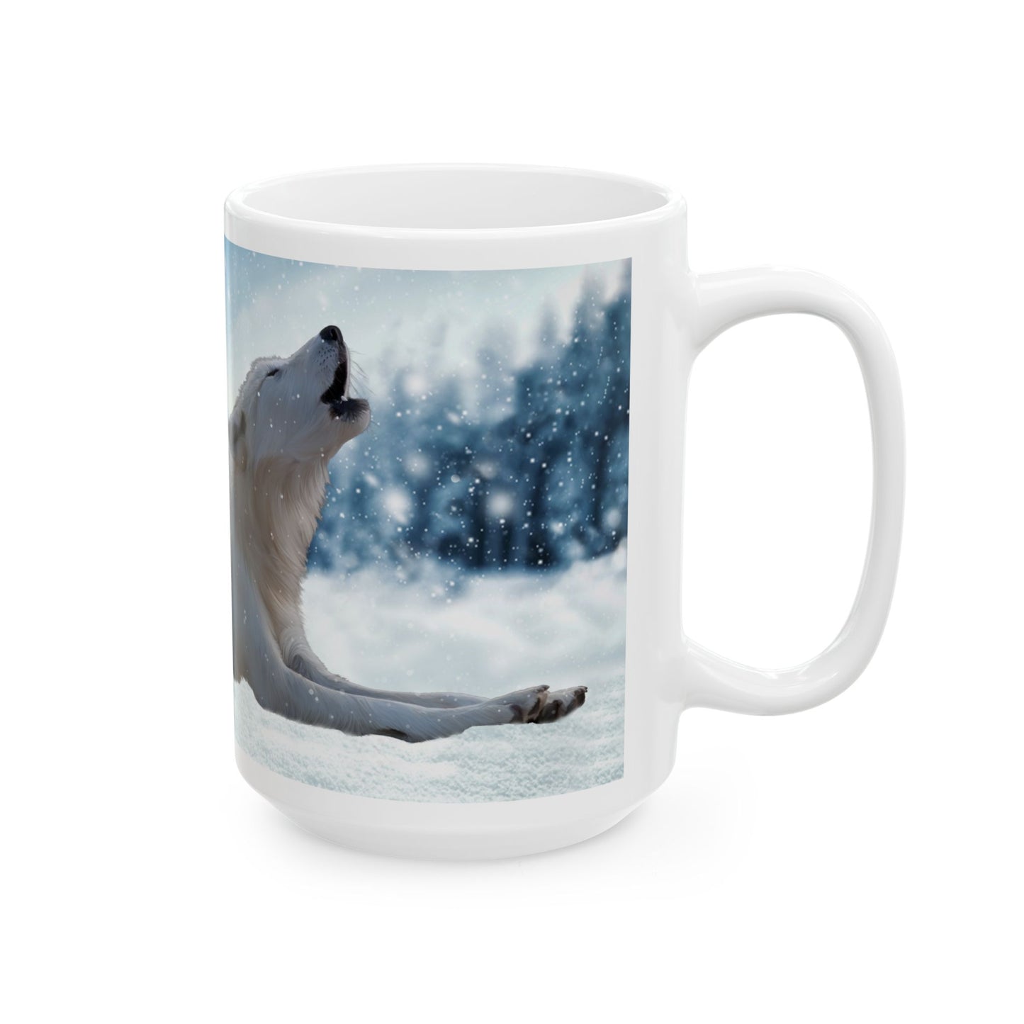 Wolf Howl Ceramic Mug — Snowy Winter Scene Coffee Cup (11oz, 15oz)
