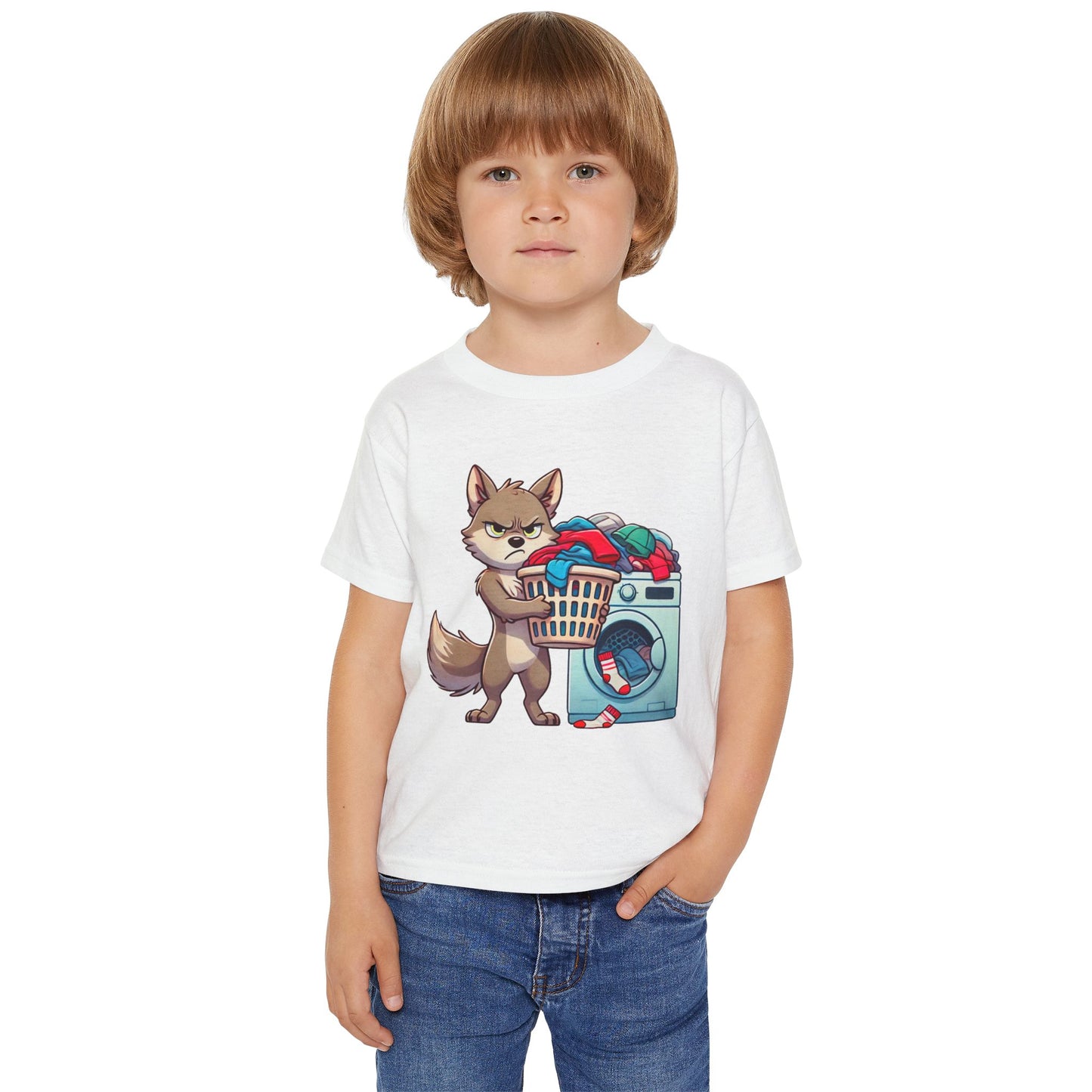 Toddler T-Shirt — Grumpy Wolf Pup Doing Laundry