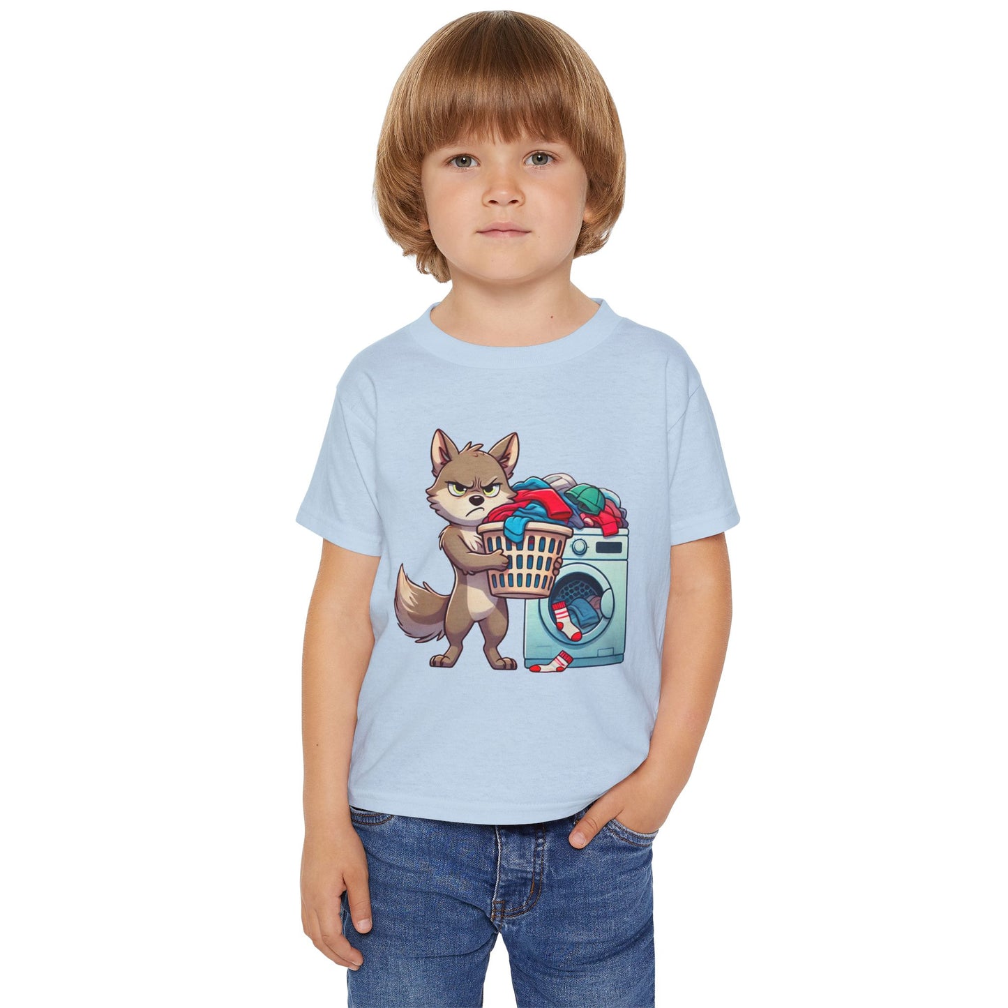 Toddler T-Shirt — Grumpy Wolf Pup Doing Laundry